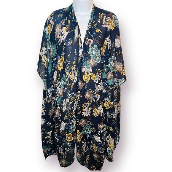 Marcus Adler Floral Kimono Shawl Midi Cardigan Navy Blue Yellow Multicolor OS - Picture 1 of 9